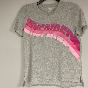 Gray Athletic Works Tee 'INSPIRED" in sparkly pink letters, XL (14-16)